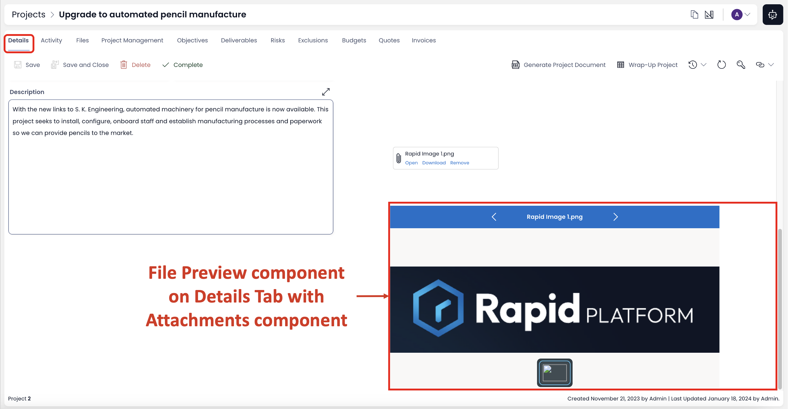 Image showing File Browser component on Item Details Tab with Attachments Component